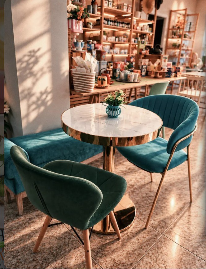 Mesa de mármol con sillones de terciopelo verde en el interior de Herboté